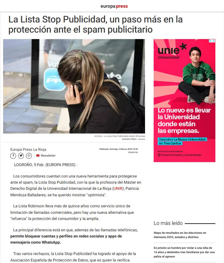 Aparición en Europa Press